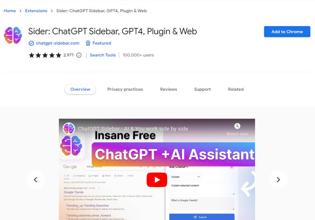 Sider ChatGPT Sidebar, GPT4, Plugin & Web